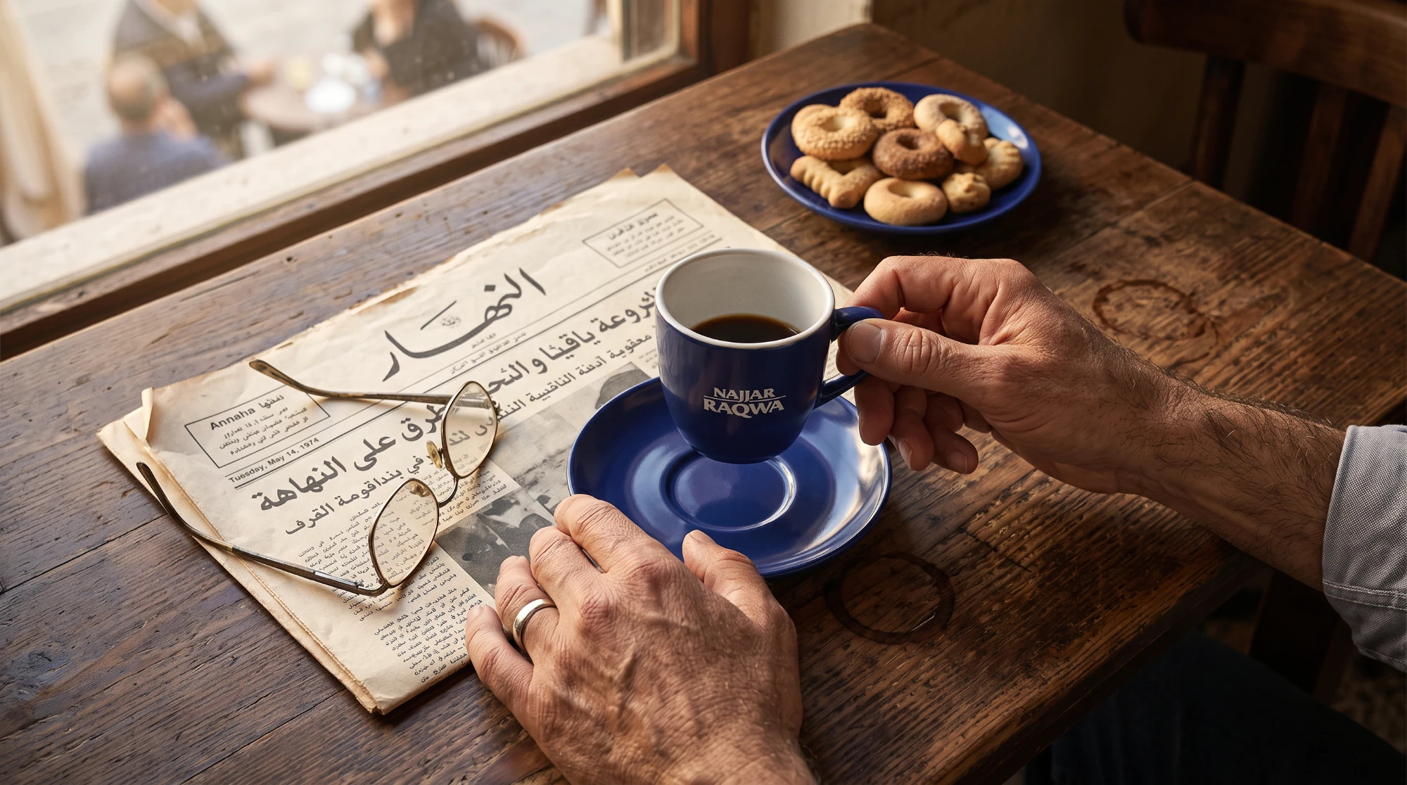 AI-generated lifestyle photo of Najjar Raqwa coffee with an Annahar newspaper and ka'ak cookies
