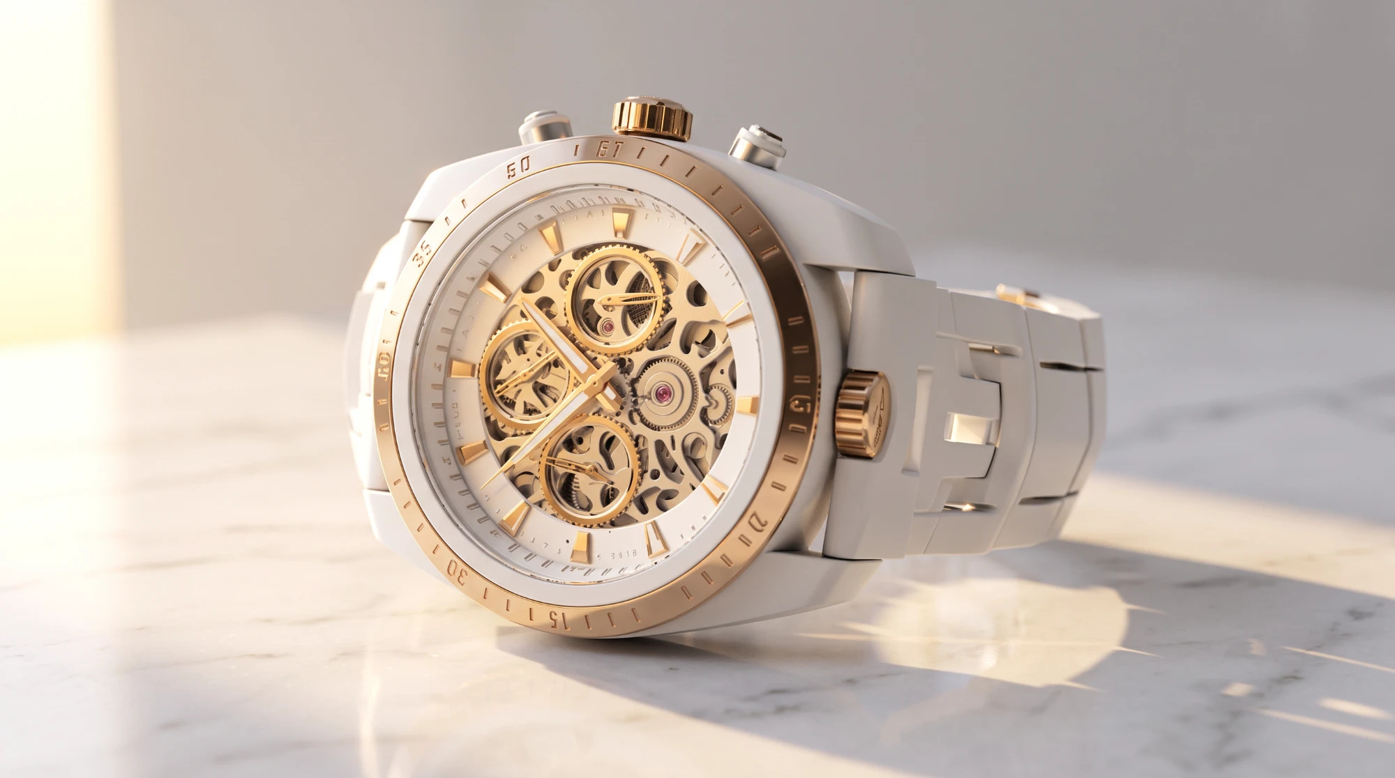 AI-generated luxury watch product visual with skeleton dial and rose-gold bezel on marble