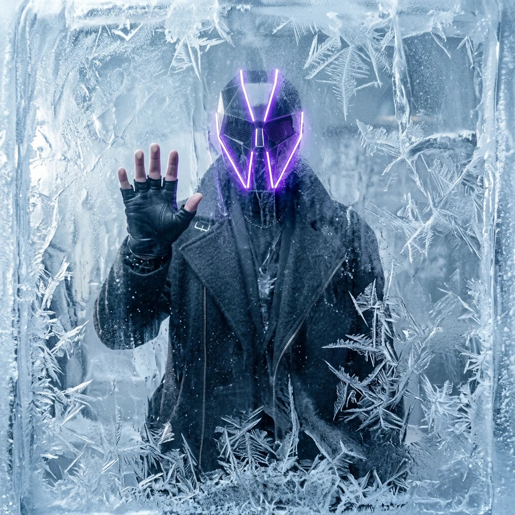 AI-generated concept portrait — a masked figure frozen in ice with a glowing purple visor